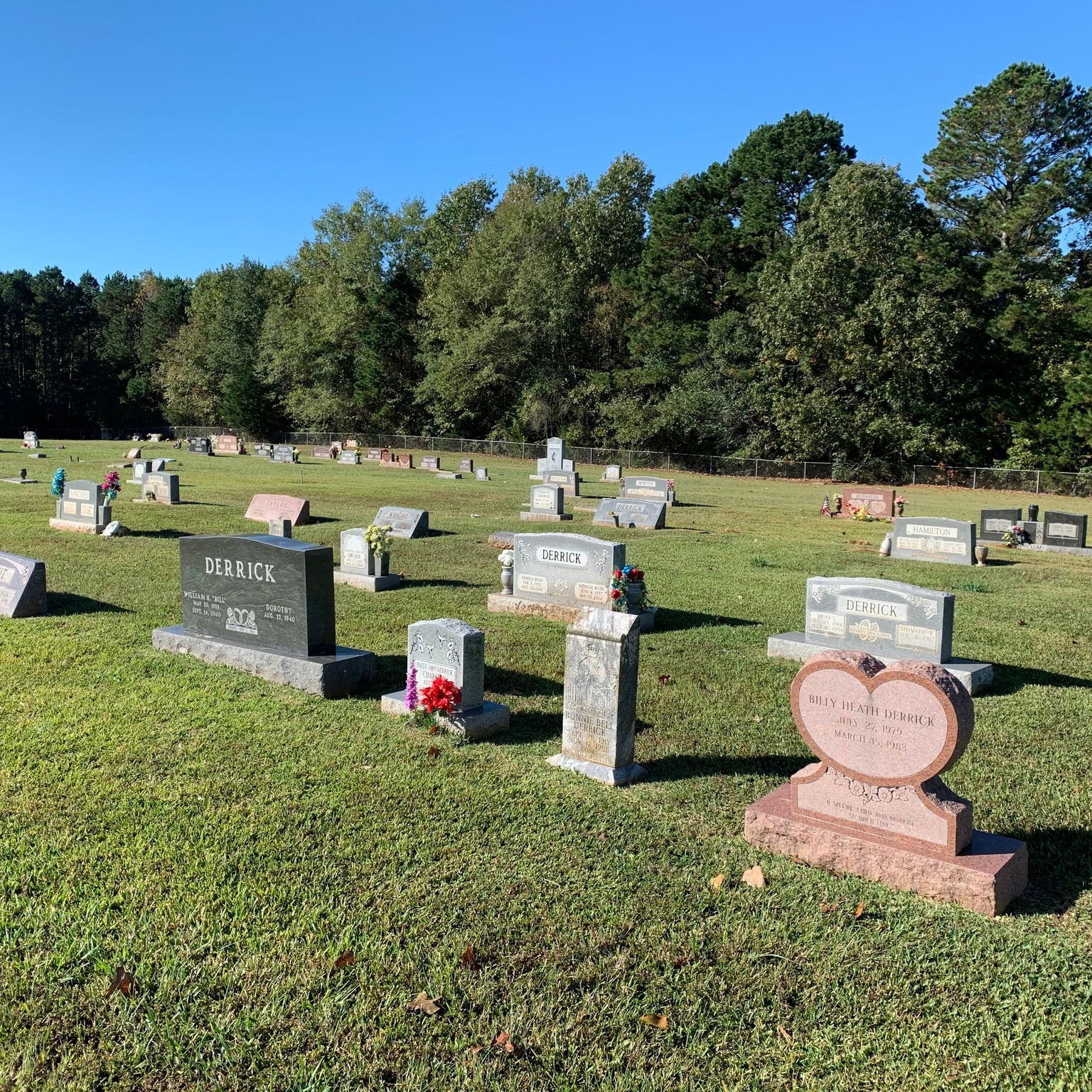 Wide view of Woodlands Cemetery with headstones on lush green grass under a blue sky