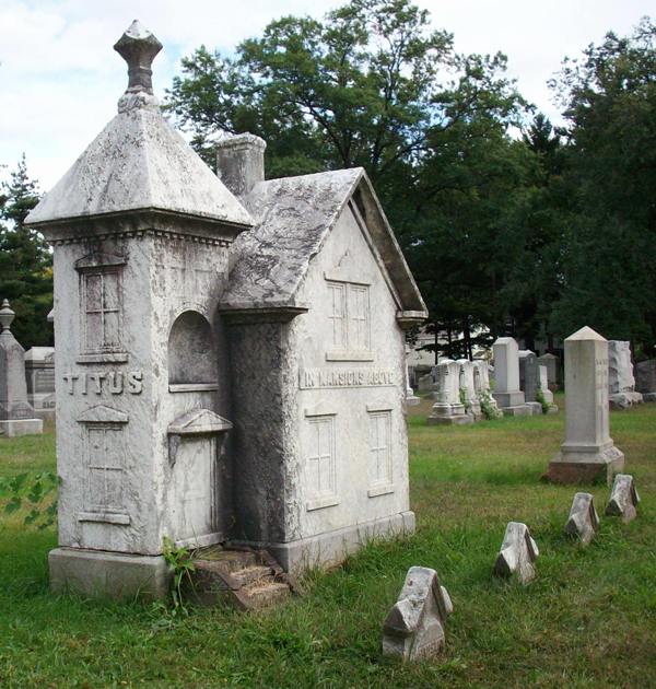 Stone church model monument at Woodlands Cemetery — a unique historical feature